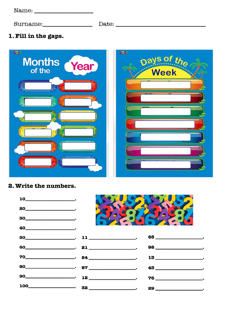 Months, Days of The Week, Numbers Exercise | PDF