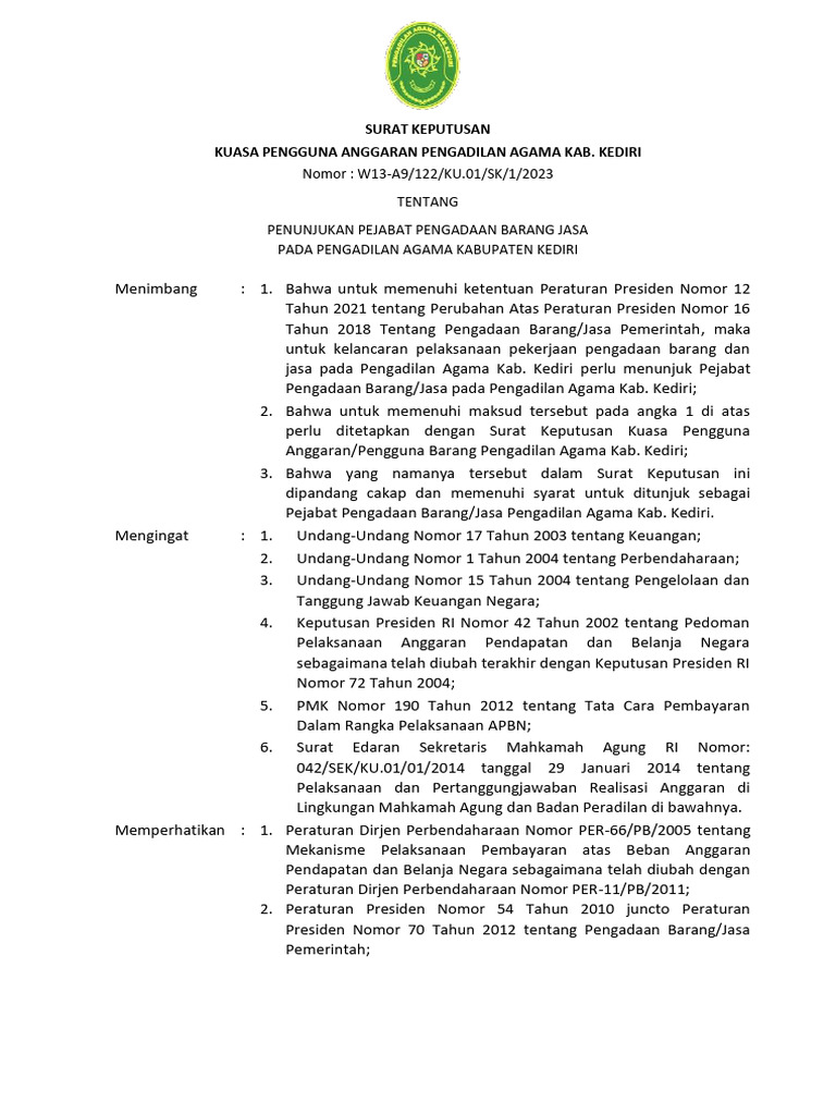 1678770070_6. SK Pejabat Pengadaan Barang dan Jasa 2023 | PDF