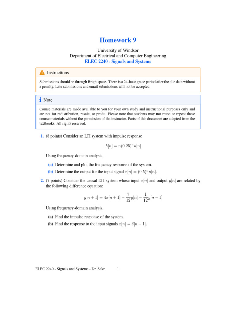 ELEC 2240 Signals and Systems Homework 9 | PDF