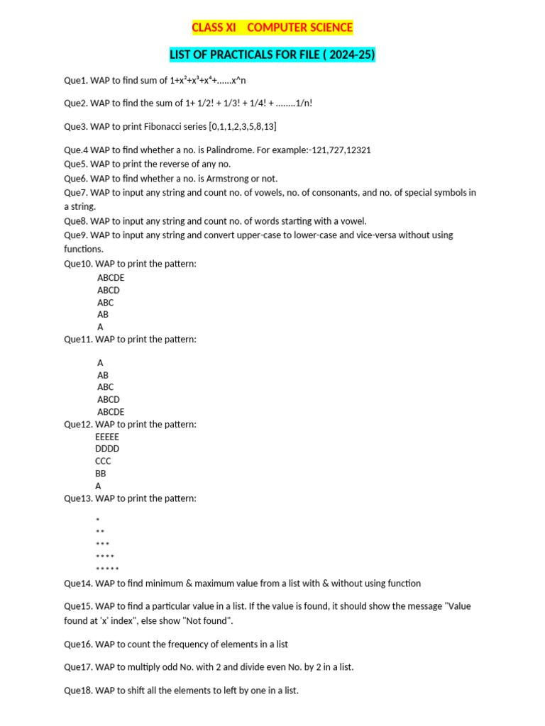 11 CS Practical List 2024-25 MEENA | PDF | String (Computer Science ...