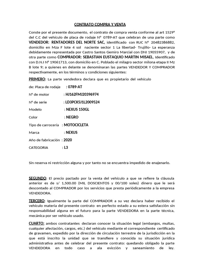 Contrato de Compra Venta de Motocicleta | PDF