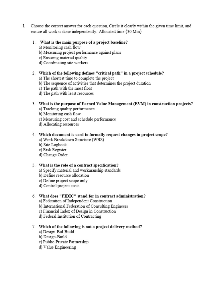 Construction Project Management Quiz | PDF