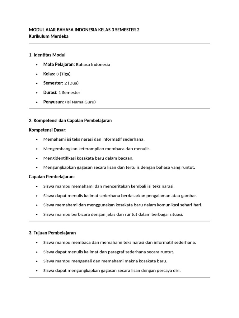 Modul Ajar Bahasa Indonesia Kelas 3 | PDF
