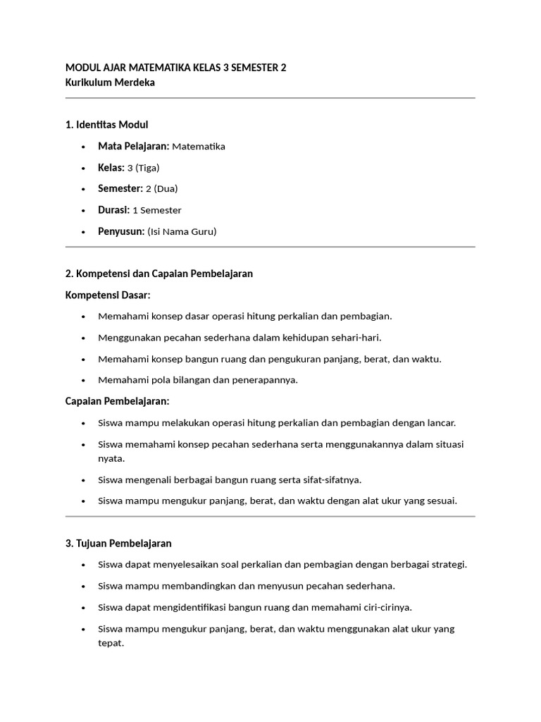 Modul Ajar Matematika Kelas 3 Semester 2 | PDF