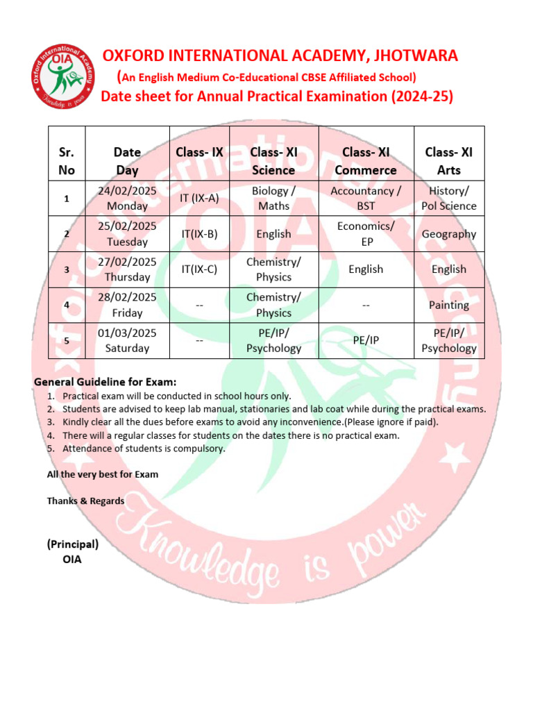 OIA Annual Exam Date Sheet 2024-25 | PDF | Educational Stages ...