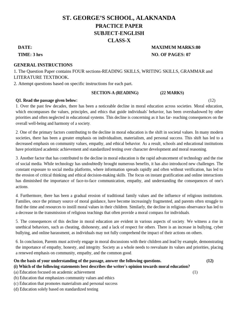 English Practice Paper for Class X | PDF | Empathy | Morality