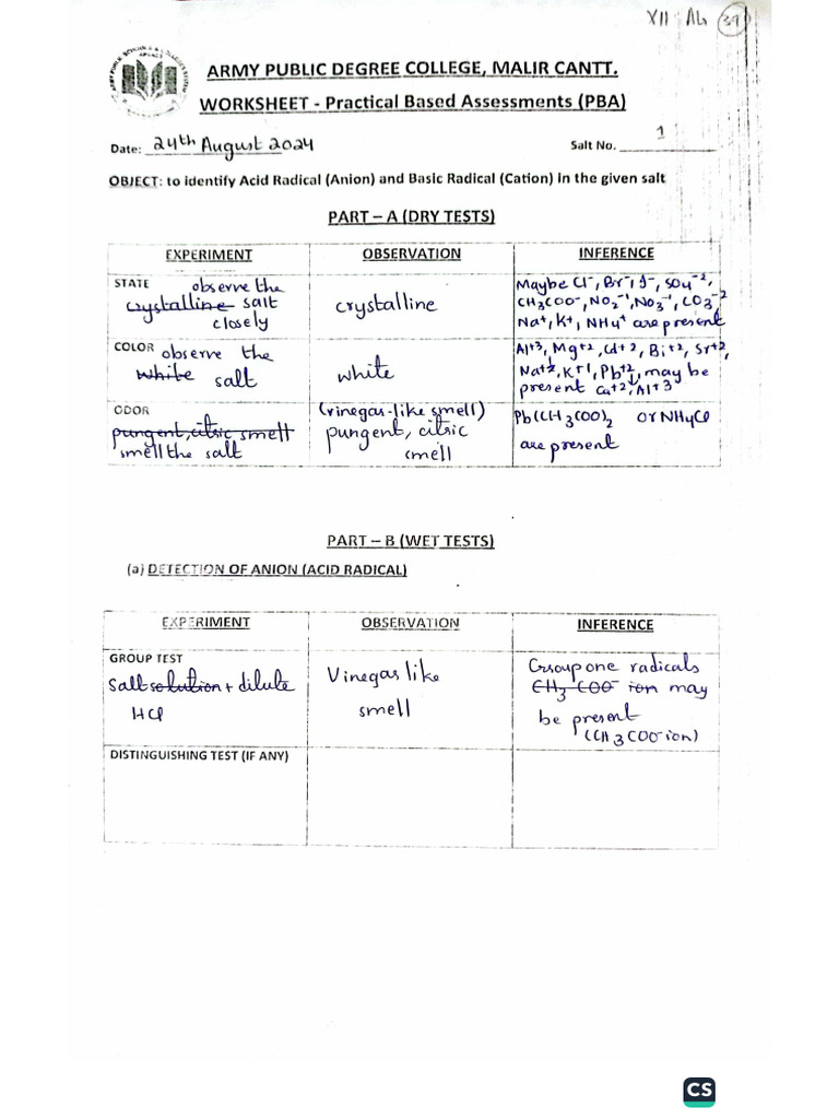 Chemistry Major Pba Salt Analysis 1 Pdf