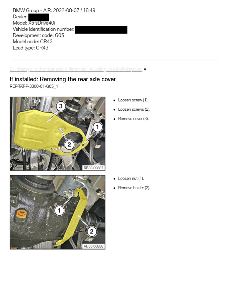 BMW X5 G05 Rear Differential Oil Change | PDF | Personal Protective ...