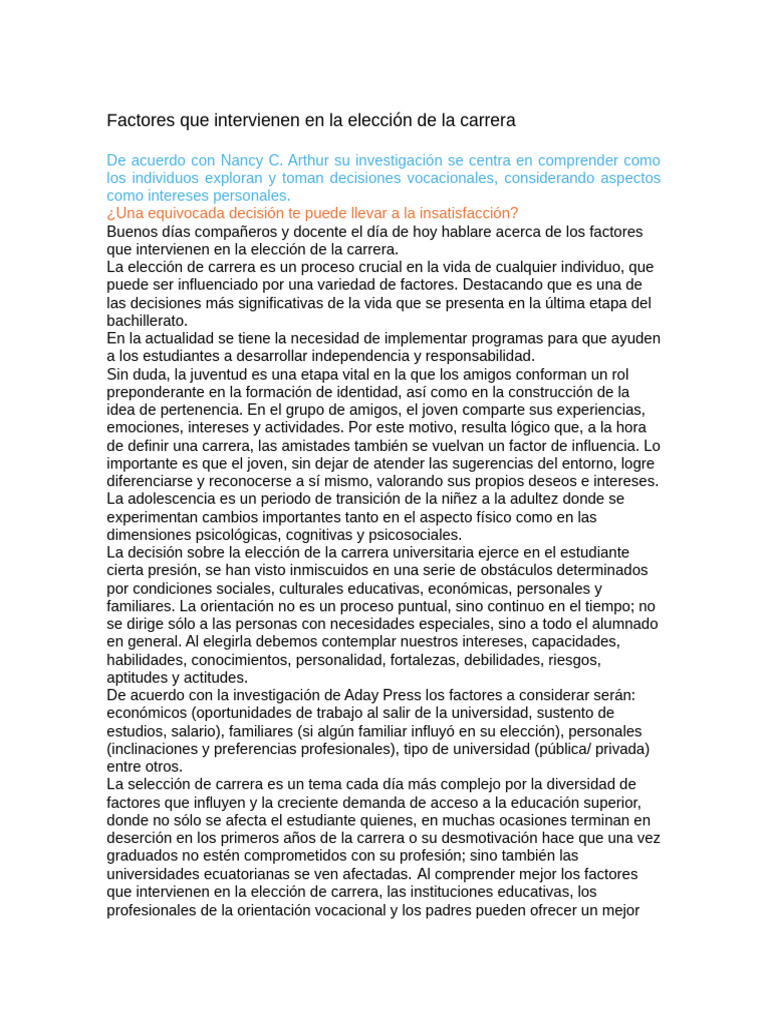 Factores en la elección de carrera | PDF | Adultos | Educación en artes ...