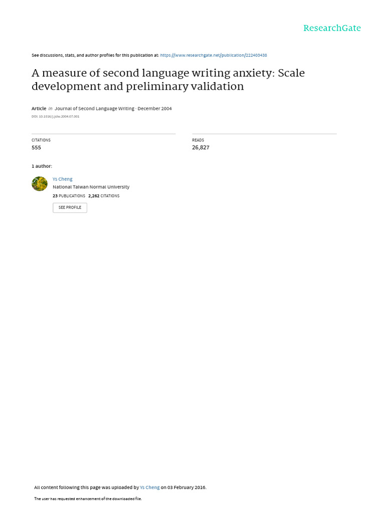 Second Language Writing Anxiety Scale | PDF | Validity (Statistics ...