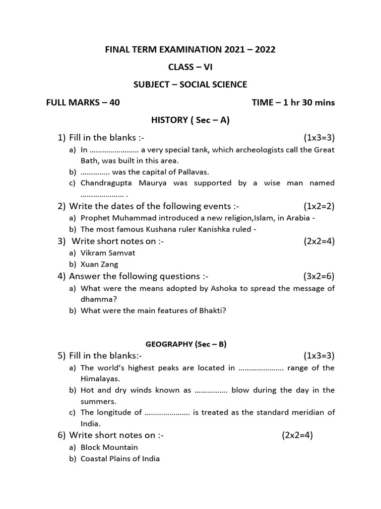 Class VI Social Science Exam 2021-22 | PDF
