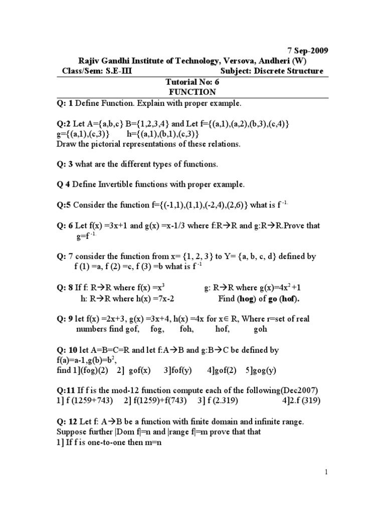 Tutorial No 6 Function | PDF | Function (Mathematics) | Logic