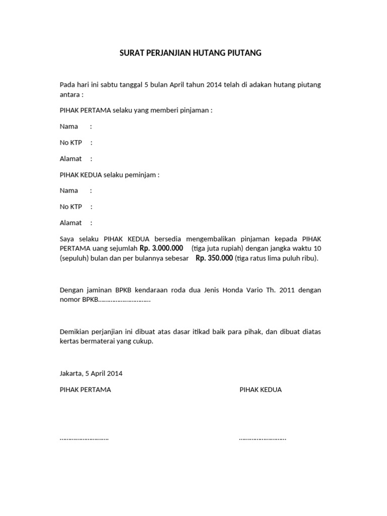 Surat Perjanjian Hutang Piutang PDF
