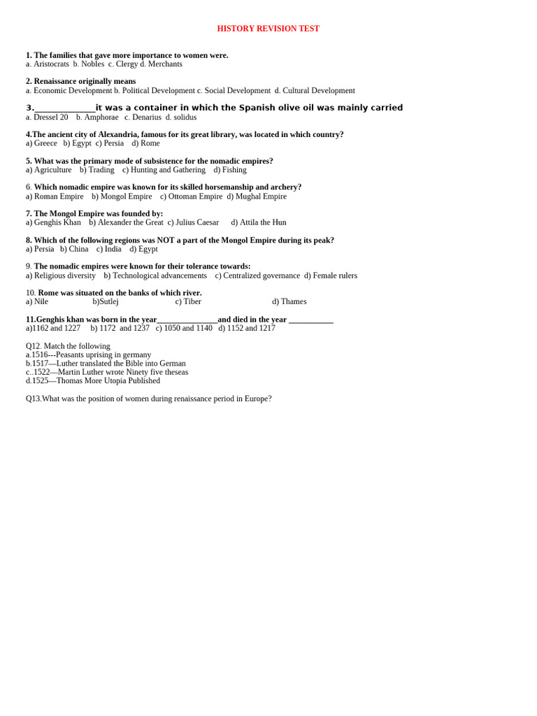 History Revision Test 7.02.2025 | PDF