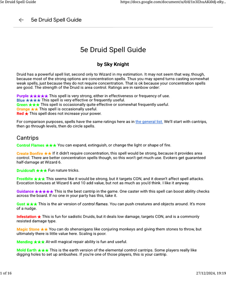 5e Druid Spell Ratings and Guide PDF