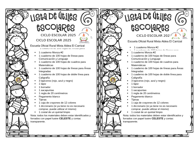 Lista de Útiles Escolares 2025 | PDF