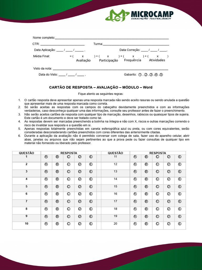 Cartão de Resposta para Avaliação Módulo | PDF