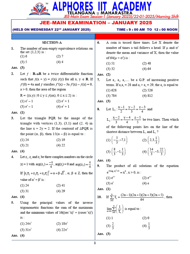 JEE Main 2025 Mathematics Test Paper | PDF | Mathematics | Euclidean ...