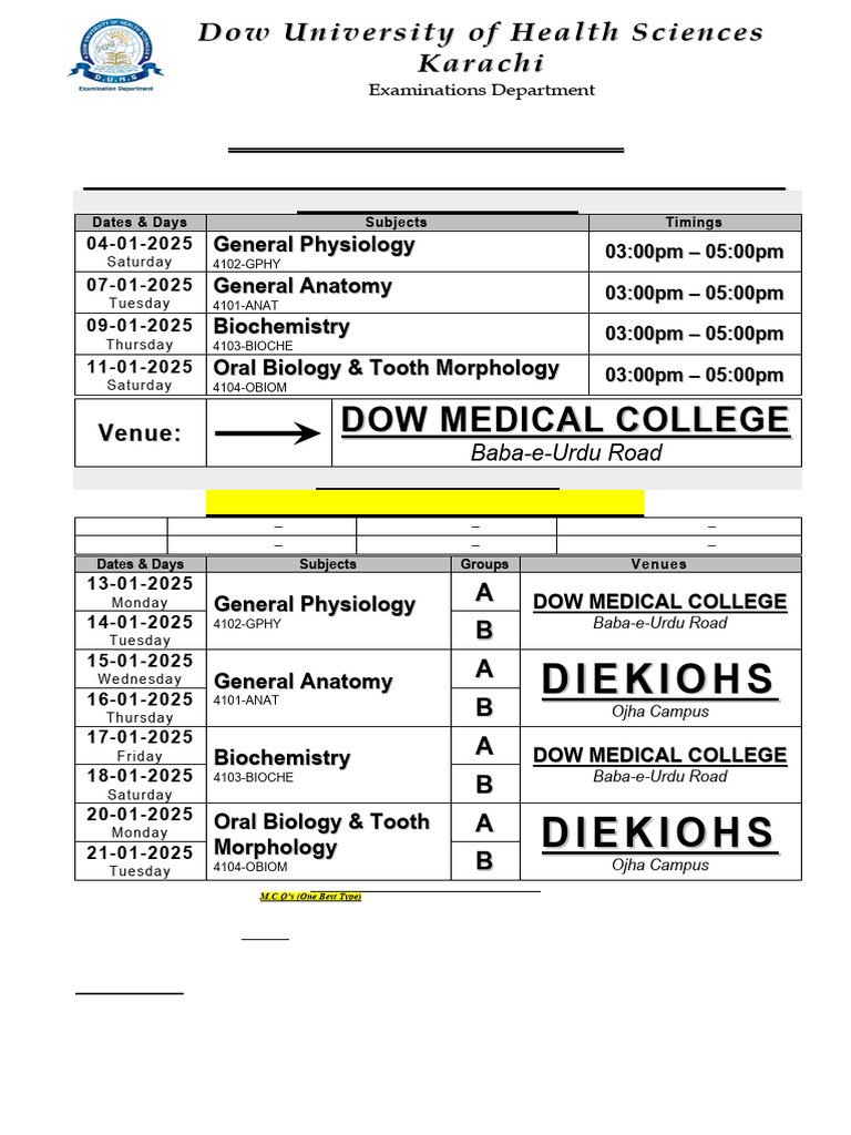 Examination Program 1st Year Bds Annual Exam 2024 Theory Ospe 1 | PDF