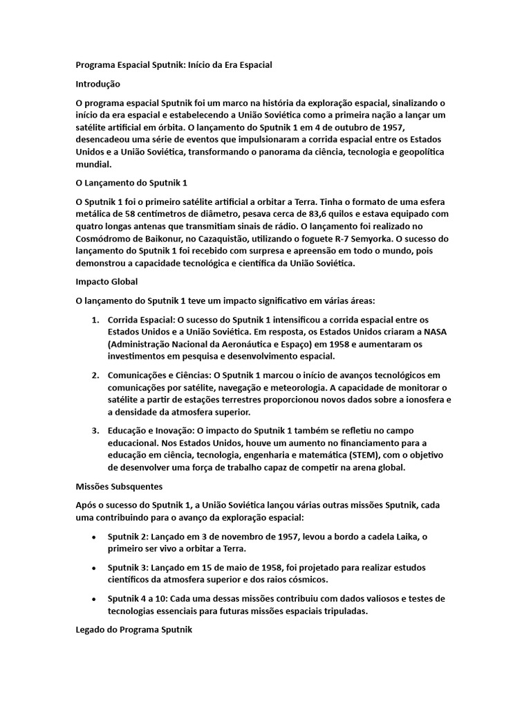 Programa Espacial Sputnik | PDF | Sputnik 1 | Exploração espacial