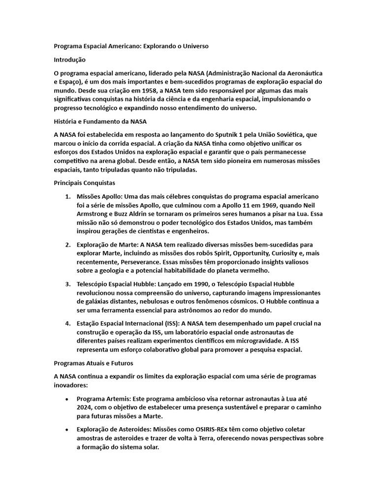 Programa Espacial Americano | PDF | Nasa | Exploração espacial