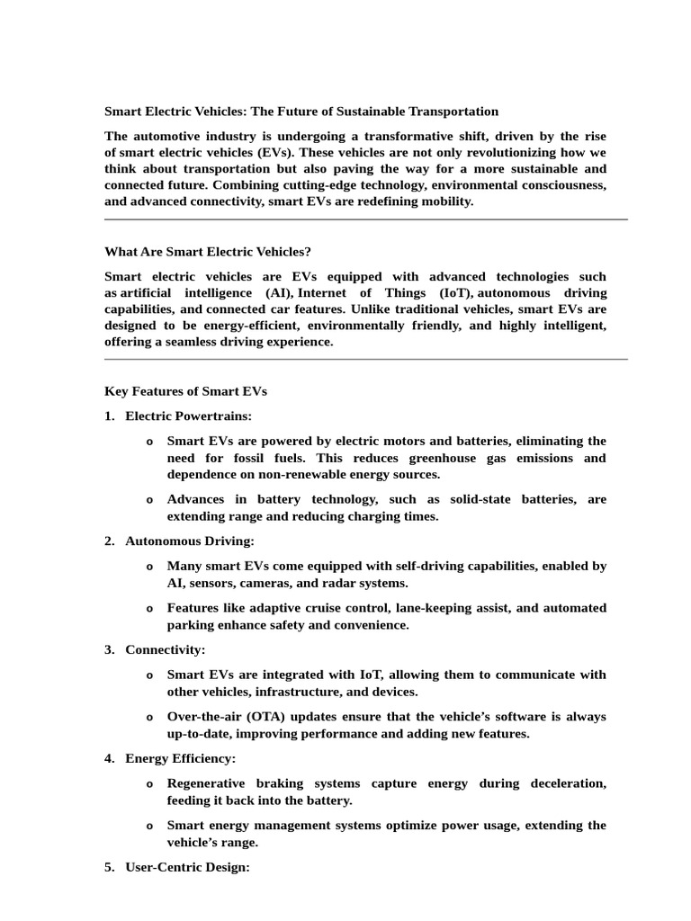 Smart Electric Vehicles: Sustainable Future | PDF