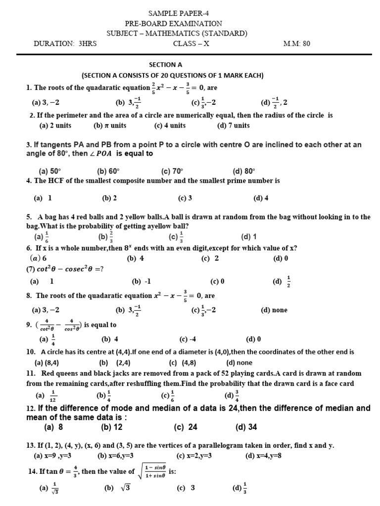 Cbse - X - Maths - Sample Paper-4 - QP | PDF | Circle | Area