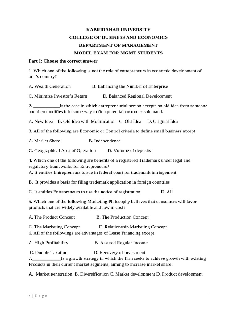 Model EXAM FOR MGMT STUDENTS For | PDF | Net Present Value | Marketing