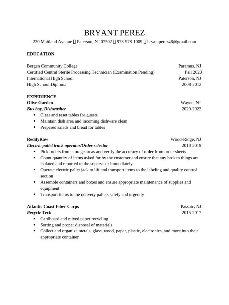 Bryant Perez: Resume Overview | PDF