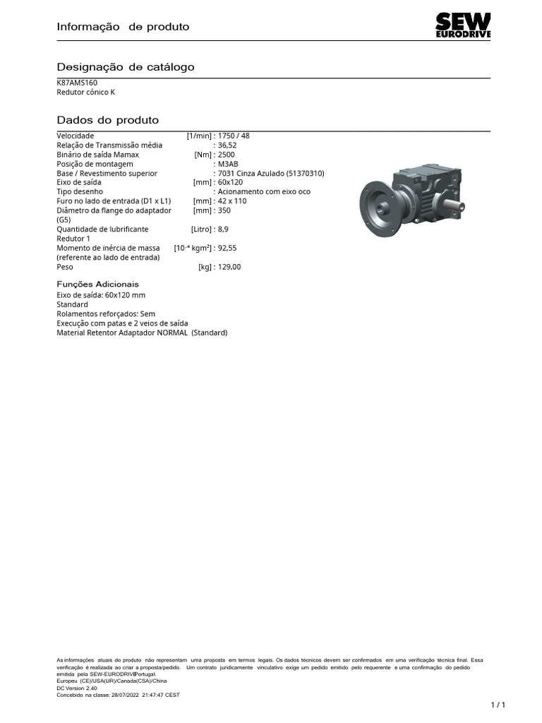 Redutor Cônico K87AMS160: Especificações Técnicas | PDF