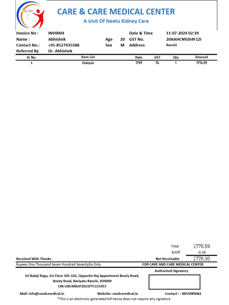 Invoice for Dialysis Services - C&C Medical | PDF