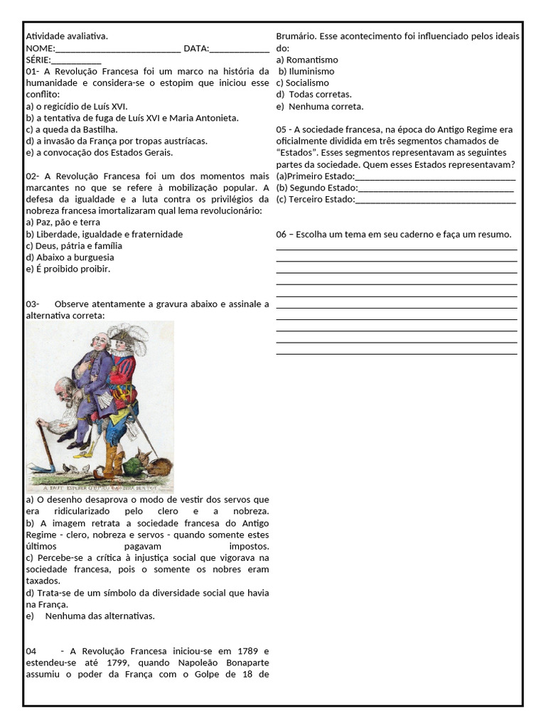 Atividade Avaliativa: Revolução Francesa | PDF | Revolução Francesa ...