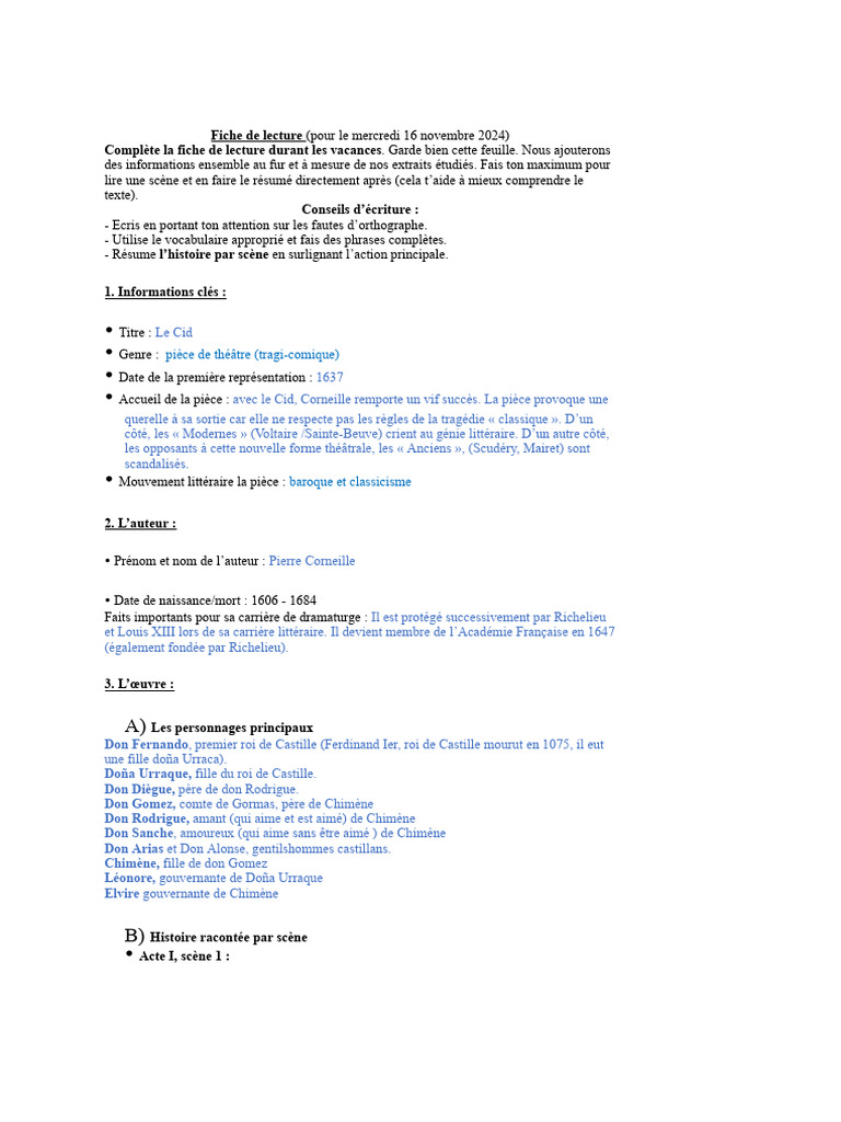Fiche de lecture : Le Cid de Corneille | PDF