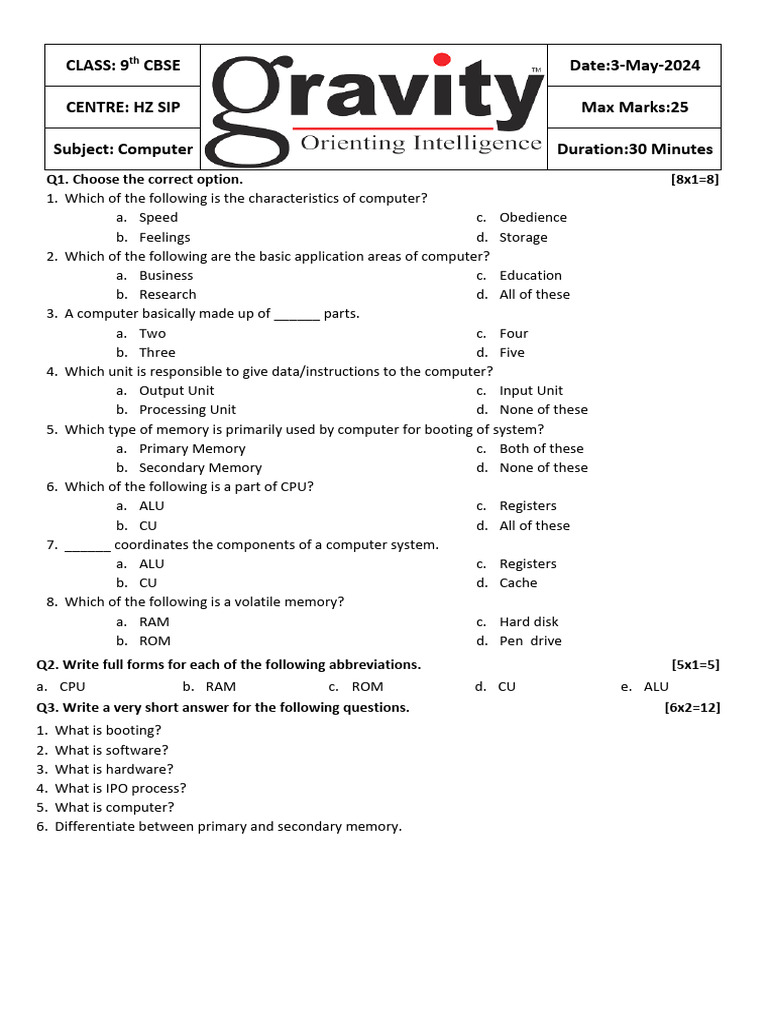 9th CBSE Computer Exam Sample Questions | PDF | Computer Data Storage ...