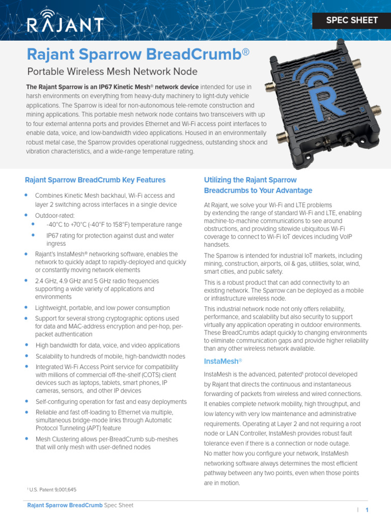 Rajant SpecSheet Sparrow 010324 | PDF | Computer Network | Wi Fi