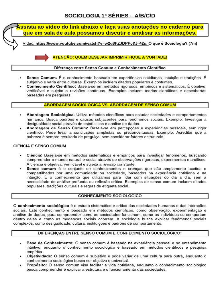 Diferenças entre Senso Comum e Sociologia | PDF | Sociologia | Science