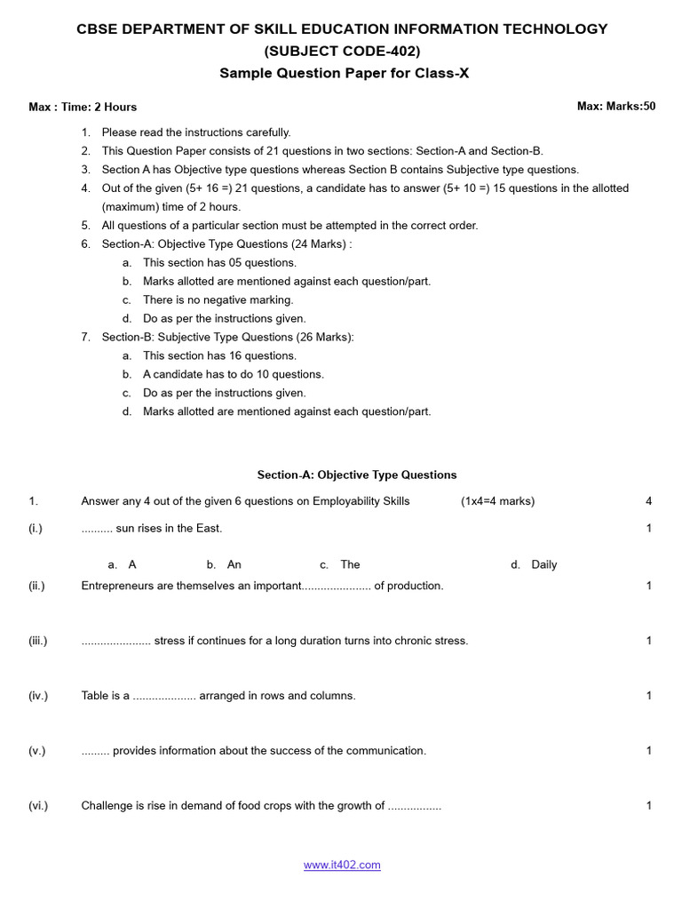 CBSE Class 10 IT Sample Question Paper | PDF | Internet | Relational ...