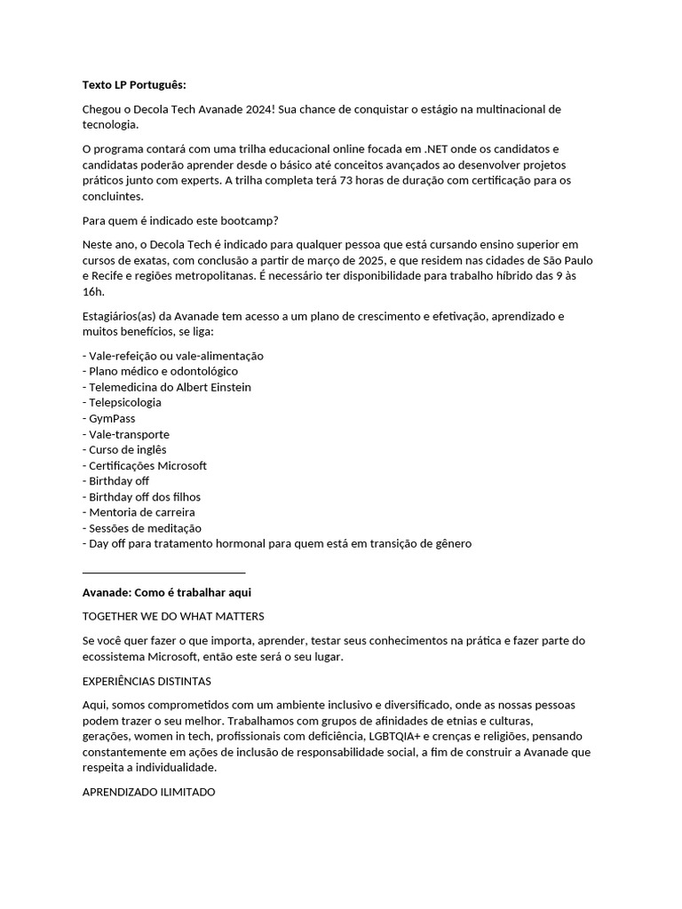 Estágio Decola Tech Avanade 2024 | PDF | Accenture