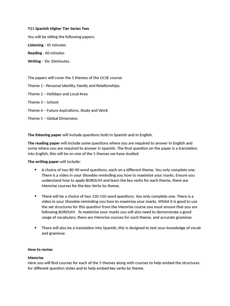 Y11 Spanish GCSE Exam Preparation Guide | PDF | English Language ...
