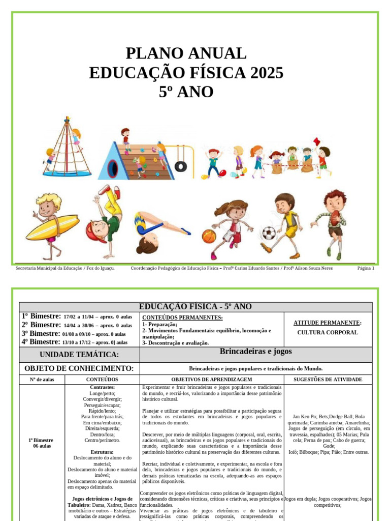 Plano Anual de Educação Física - 5º Ano | PDF | Danças | Ginástica