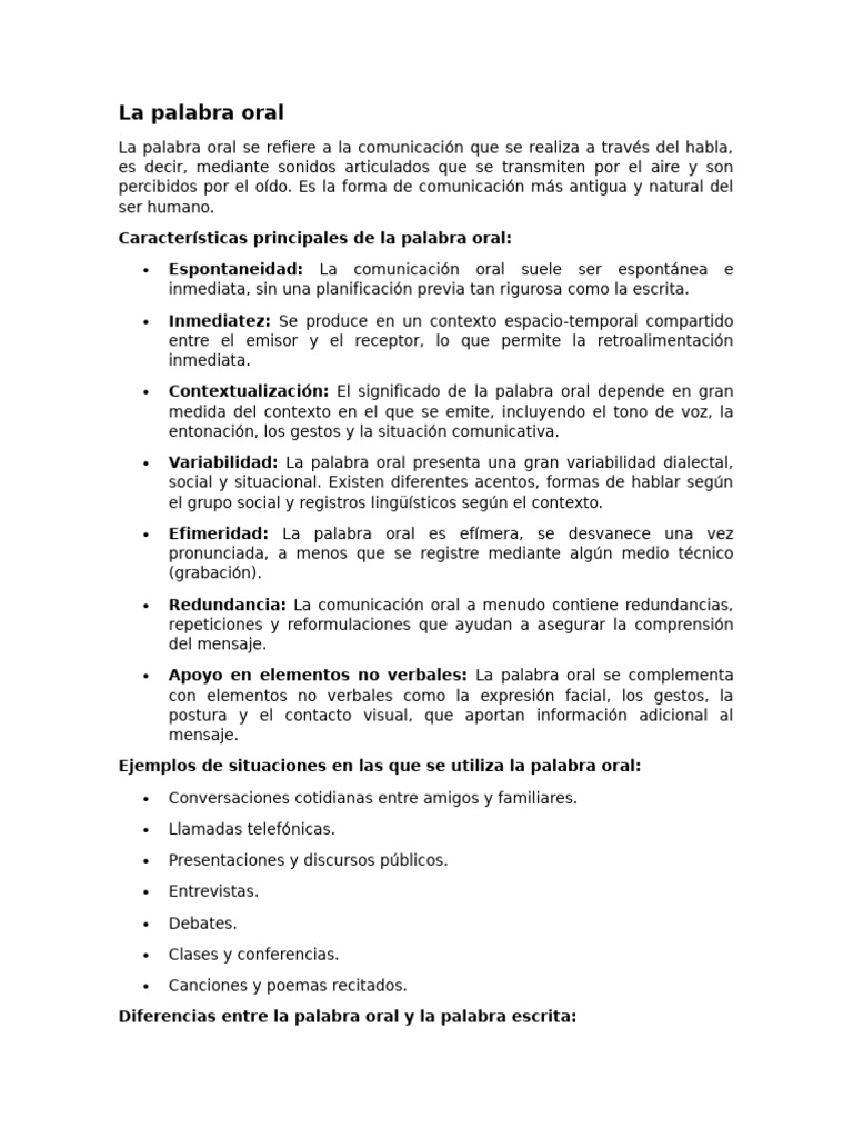 Características de la palabra oral y escrita | PDF | Comunicación ...