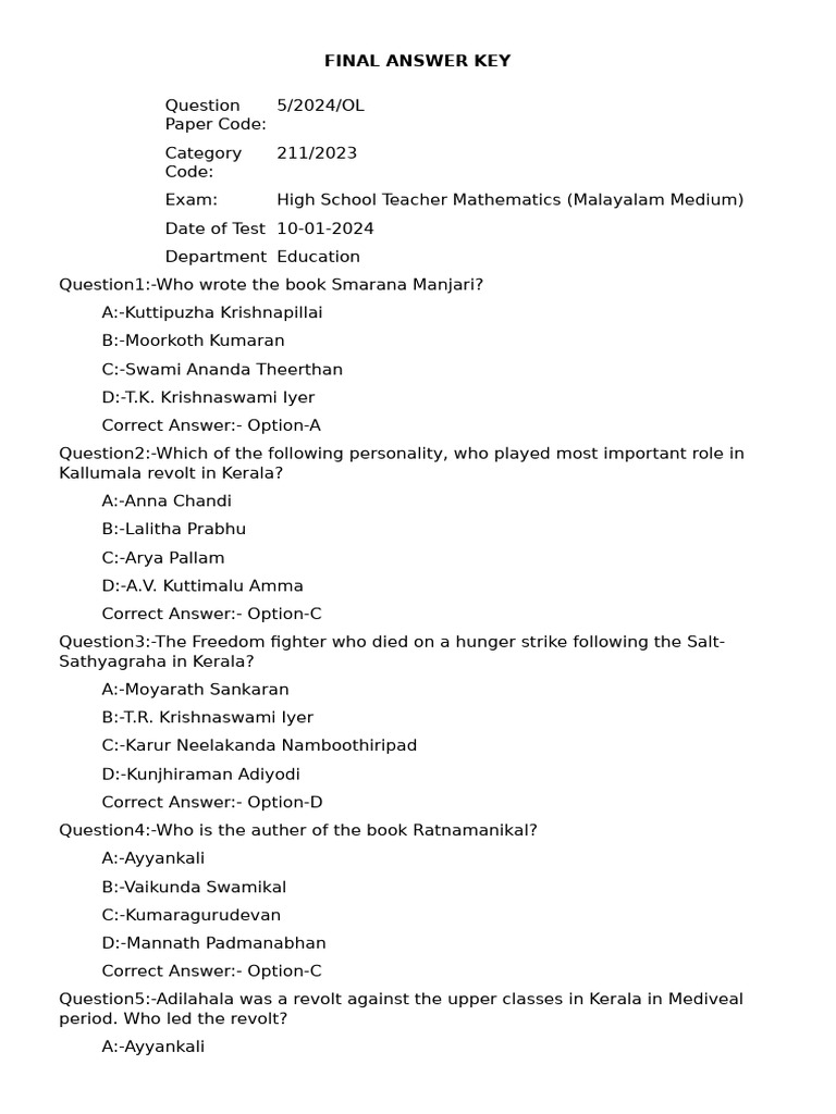 High School Teacher Math Exam Key | PDF | Mathematics