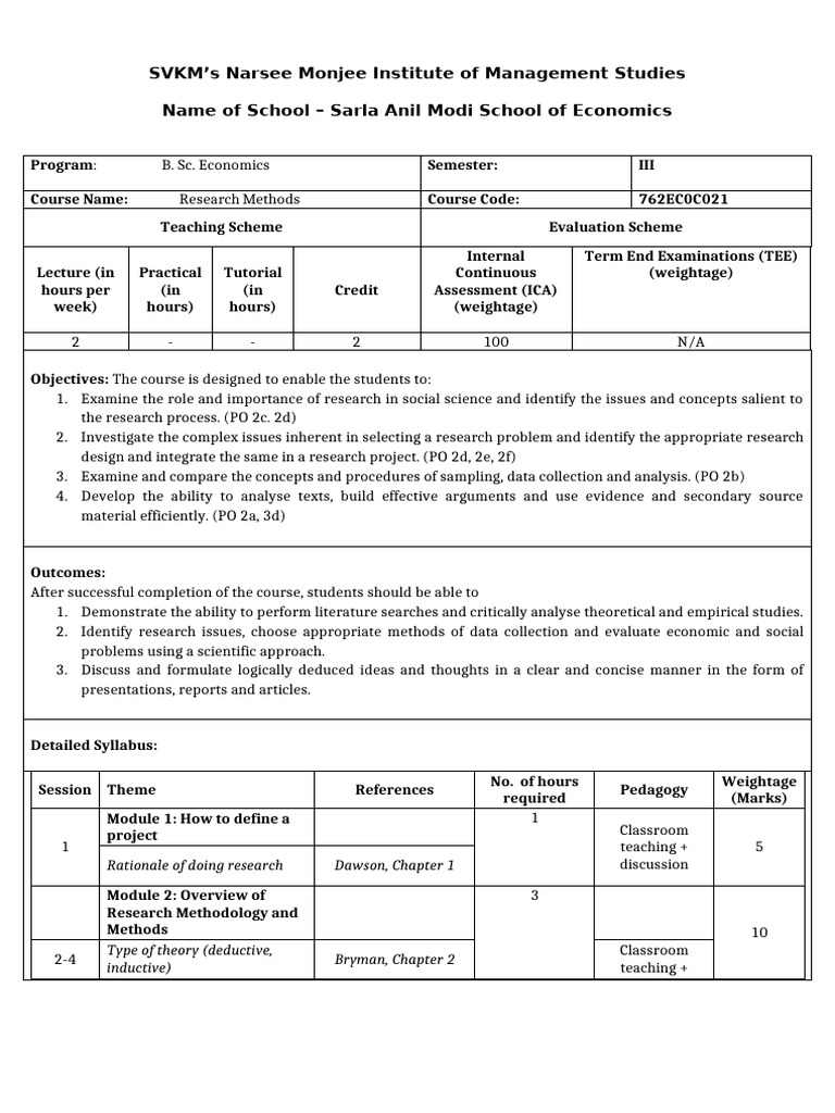 B.Sc. Economics Research Methods Course | PDF | Methodology ...
