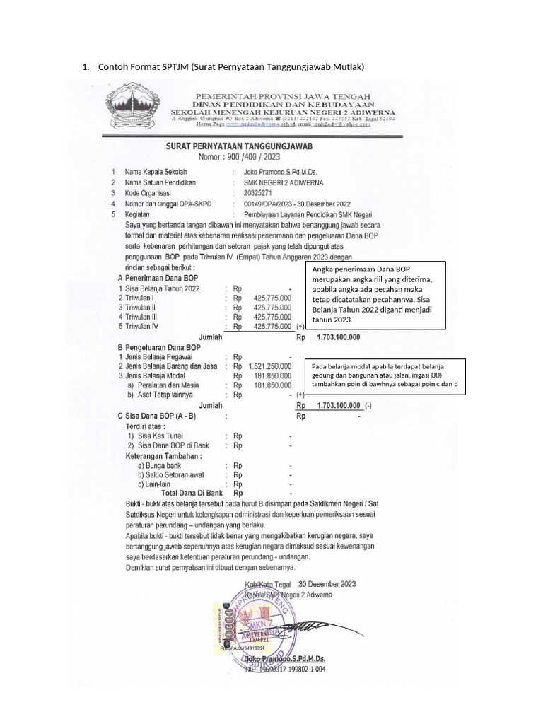 Format Dokumen BOP dan SPTJM 2023 | PDF