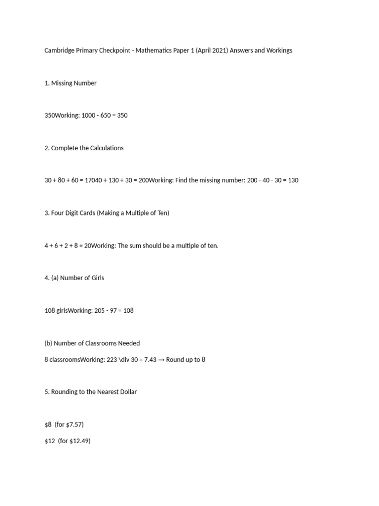 Cambridge Primary Math Checkpoint Answers | PDF | Area | Elementary ...