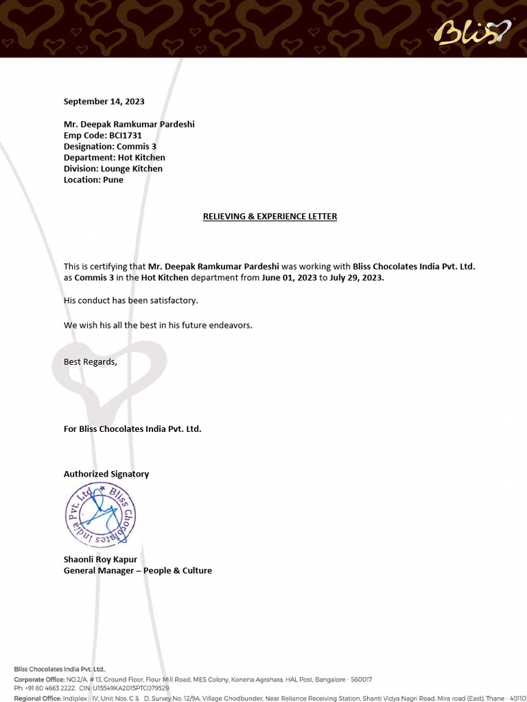 Relieving Letter for Deepak Pardeshi | PDF