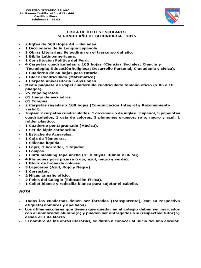 Útiles Escolares 2° Secundaria 2025 | PDF