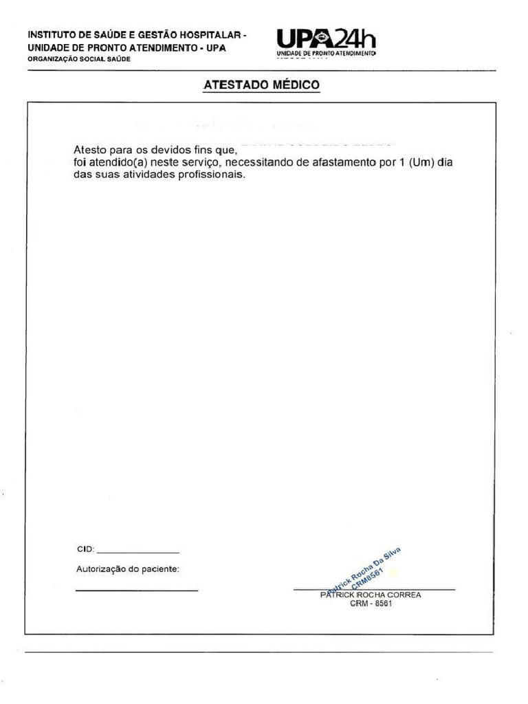 Atestado Médico UPA Ouro Preto | PDF