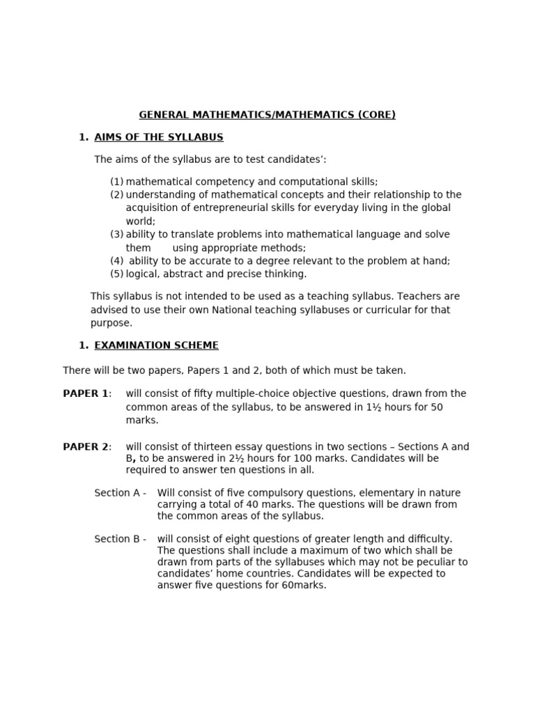 General Mathematics or Mathematics (Core) | PDF | Trigonometric ...