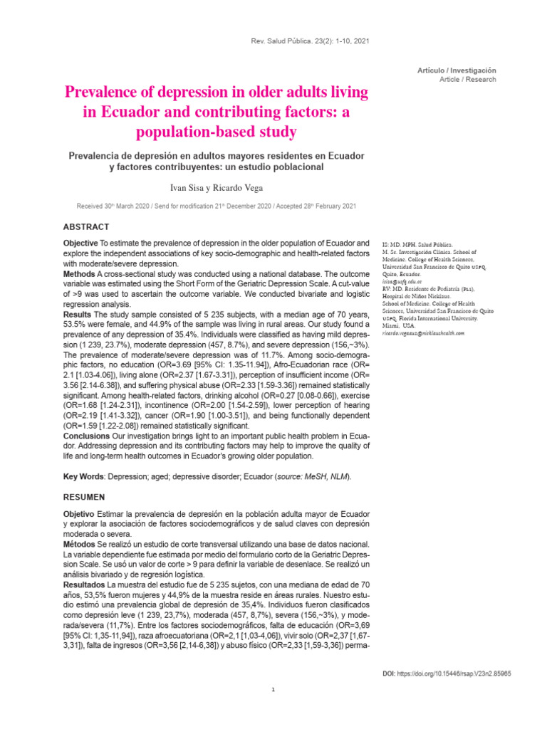 Prevalence of Depression in Older Adults Living in Ecuador 5cdzlv4vnd ...